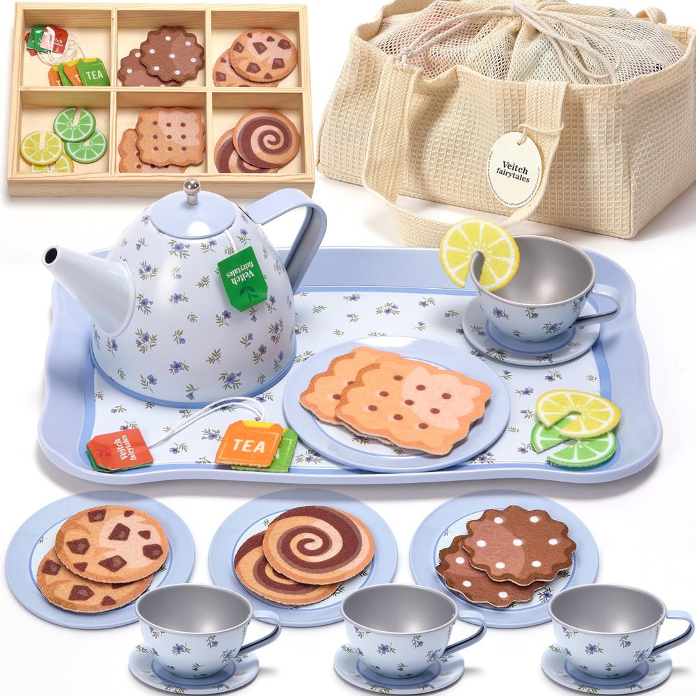 Veitch fairytales Kids Tea Party Set for Little Girl, Tea Sets for Toddler Pretend Play Food Kitchen Toy Accessories Gift for 3 4 5 6 Years Old Girls Boys (Blue)
