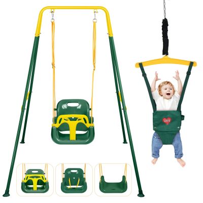 4-in-1 Toddler Swing Set & Baby Jumper and Bouncer for Toddlers, Foldable Baby Swing Stand for Outdoor Indoor Play, Easy to Assemble and Store for Ages 6 Months to 10 Years Old (Dark Green)