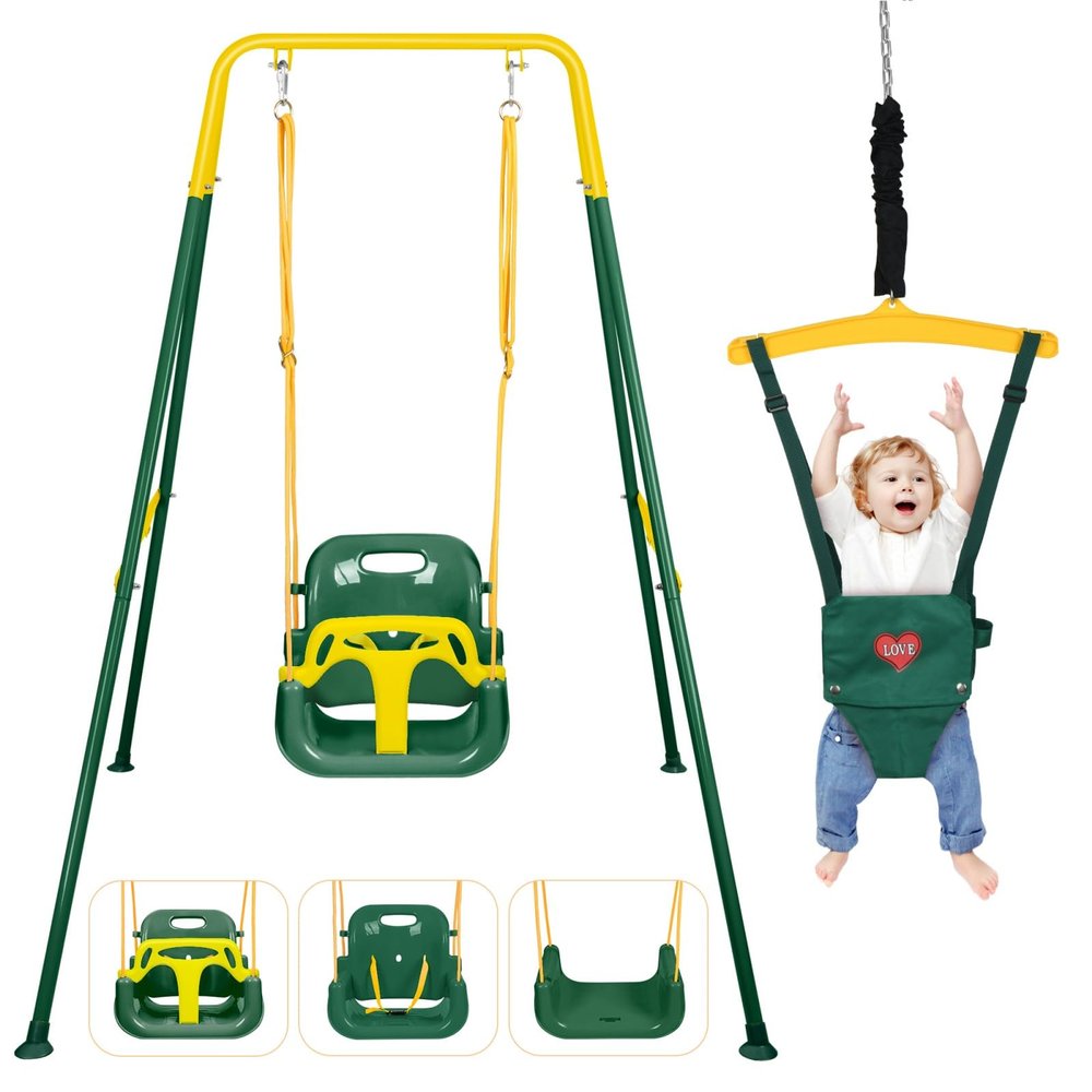 4-in-1 Toddler Swing Set & Baby Jumper and Bouncer for Toddlers, Foldable Baby Swing Stand for Outdoor Indoor Play, Easy to Assemble and Store for Ages 6 Months to 10 Years Old (Dark Green)