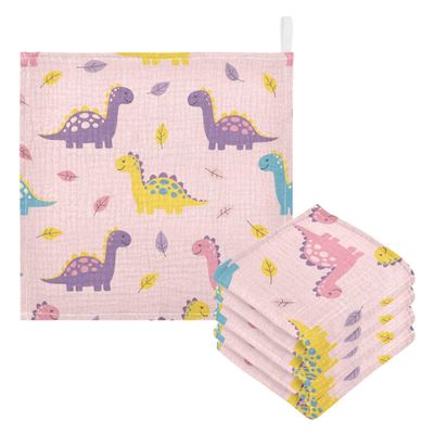 CUPADA 3 Pack Baby Washcloths Muslin Face Towels Colorful Dinosaurs on Pink Absorbent Soft Burp Wipe Towel Wash Wipes Infant Newborn Washcloth