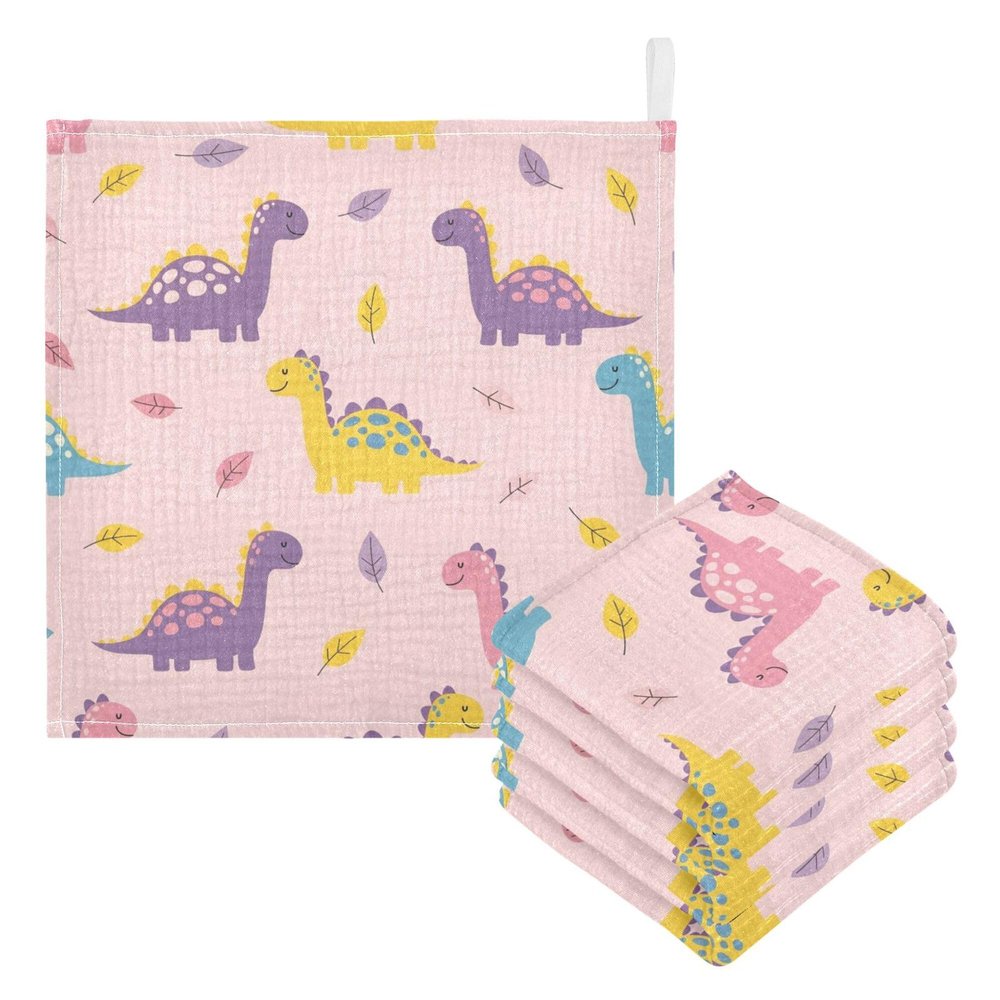 CUPADA 3 Pack Baby Washcloths Muslin Face Towels Colorful Dinosaurs on Pink Absorbent Soft Burp Wipe Towel Wash Wipes Infant Newborn Washcloth