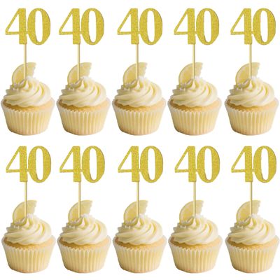 10 PCS Gold Glitter Number 40 Cupcake Toppers 40th Birthday Cupcake Decorations for Anniversary or Birthday Party Cupcake Decor Supplies