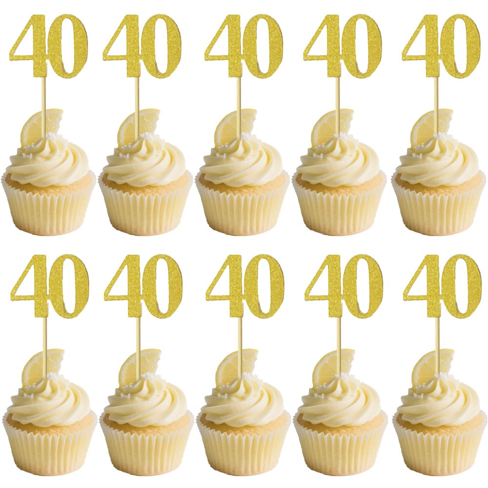 10 PCS Gold Glitter Number 40 Cupcake Toppers 40th Birthday Cupcake Decorations for Anniversary or Birthday Party Cupcake Decor Supplies