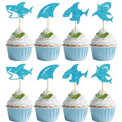 12 PCS Blue Glitter Shark Cupcake Toppers - Ocean Theme Cupcake Decorations for Baby Shower & Birthday Parties, Boy & Girl Party Cupcake Decor Supplies
