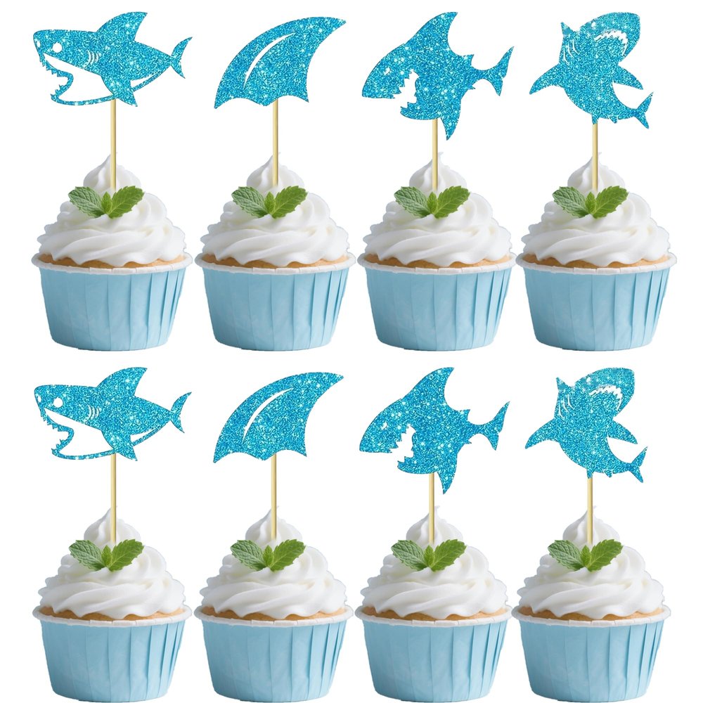 12 PCS Blue Glitter Shark Cupcake Toppers - Ocean Theme Cupcake Decorations for Baby Shower & Birthday Parties, Boy & Girl Party Cupcake Decor Supplies