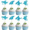 12 PCS Blue Glitter Shark Cupcake Toppers - Ocean Theme Cupcake Decorations for Baby Shower & Birthday Parties, Boy & Girl Party Cupcake Decor Supplies view 1