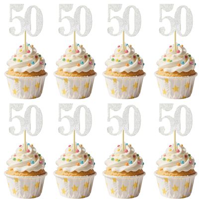 10 PCS Silver 50th Birthday Cupcake Decorations - Glitter Number 50 Cupcake Decor for Anniversary Parties and Party Cupcake Toppers Supplies