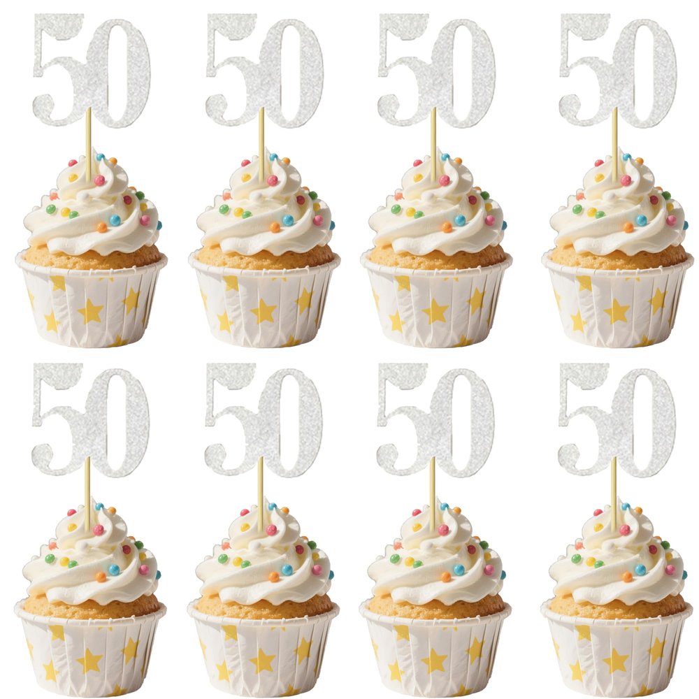 10 PCS Silver 50th Birthday Cupcake Decorations - Glitter Number 50 Cupcake Decor for Anniversary Parties and Party Cupcake Toppers Supplies