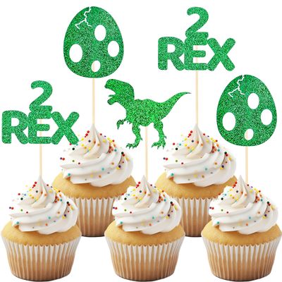 12 Pack Glitter Dinosaur Cupcake Toppers - Green 2 Rex Dinosaur Cupcake Picks for Dinosaur Themed Baby Showers and Two Year Birthday Party Cake Decorations.