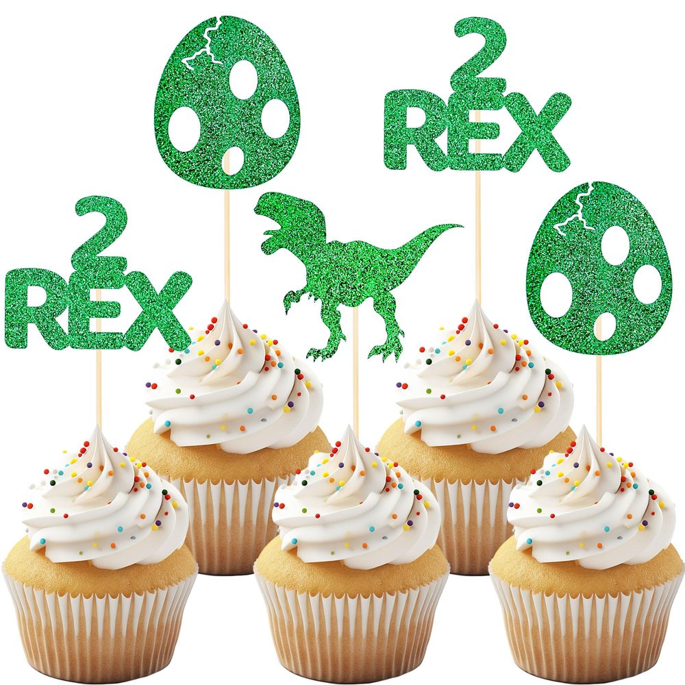 12 Pack Glitter Dinosaur Cupcake Toppers - Green 2 Rex Dinosaur Cupcake Picks for Dinosaur Themed Baby Showers and Two Year Birthday Party Cake Decorations.