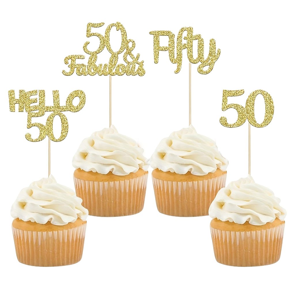12 PCS Gold Glitter 50th Birthday Cupcake Topper, Cheers to 50 Years Old for Birthday Cupcake Decoration for Happy 50th Birthday/Anniversary Party Cupcake Decorations Supplies