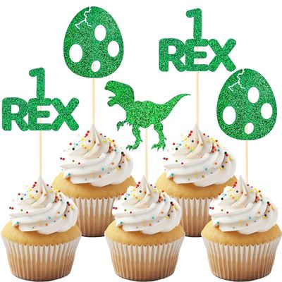 12 Pack Glitter Dinosaur Cupcake Toppers - Green 1 Rex Dinosaur Cupcake Picks for Dinosaur Themed Baby Showers and First Year Birthday Party Cake Decorations.