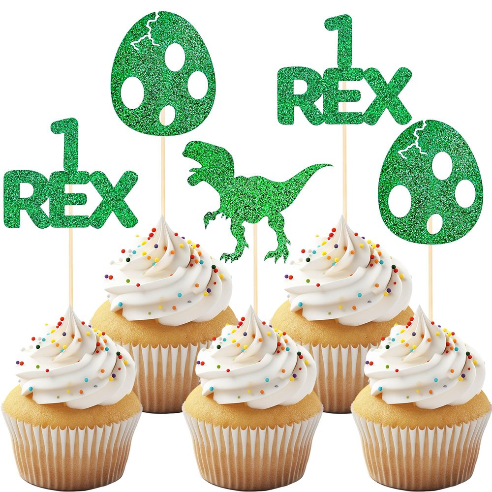12 Pack Glitter Dinosaur Cupcake Toppers - Green 1 Rex Dinosaur Cupcake Picks for Dinosaur Themed Baby Showers and First Year Birthday Party Cake Decorations.