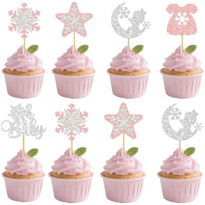 12 PCS Silver Pink oh baby Cupcake Toppers - Snowflake Themed Cupcake Decorations, Baby Shower, Gender Reveal, Children's Birthday Party Cupcake Decor