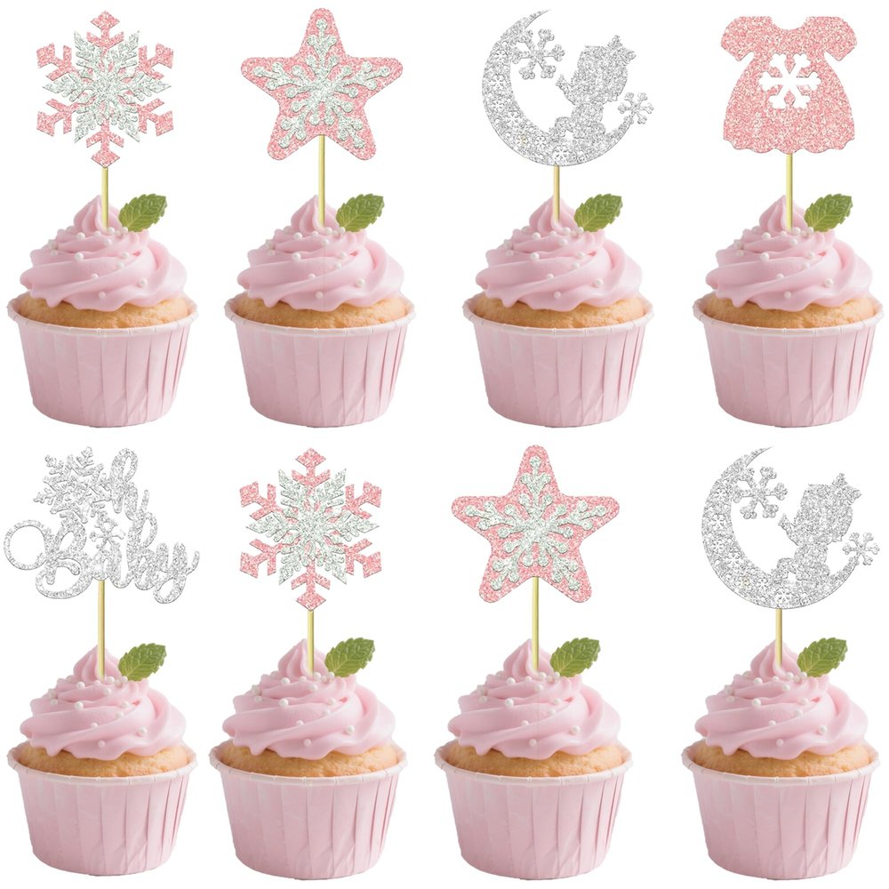 12 PCS Silver Pink oh baby Cupcake Toppers - Snowflake Themed Cupcake Decorations, Baby Shower, Gender Reveal, Children's Birthday Party Cupcake Decor