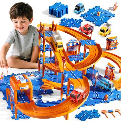 KIZONLY Puzzle Racer Kids Car Track Set, 4-Tier Race Tracks for Kids Ages 3-5 with 3 Cars, Traffic Parts, Trucks for Toddlers 2-4 Years, Floor Puzzle Tracks Car Gift for Boys Girls 3 4 5 Year Old