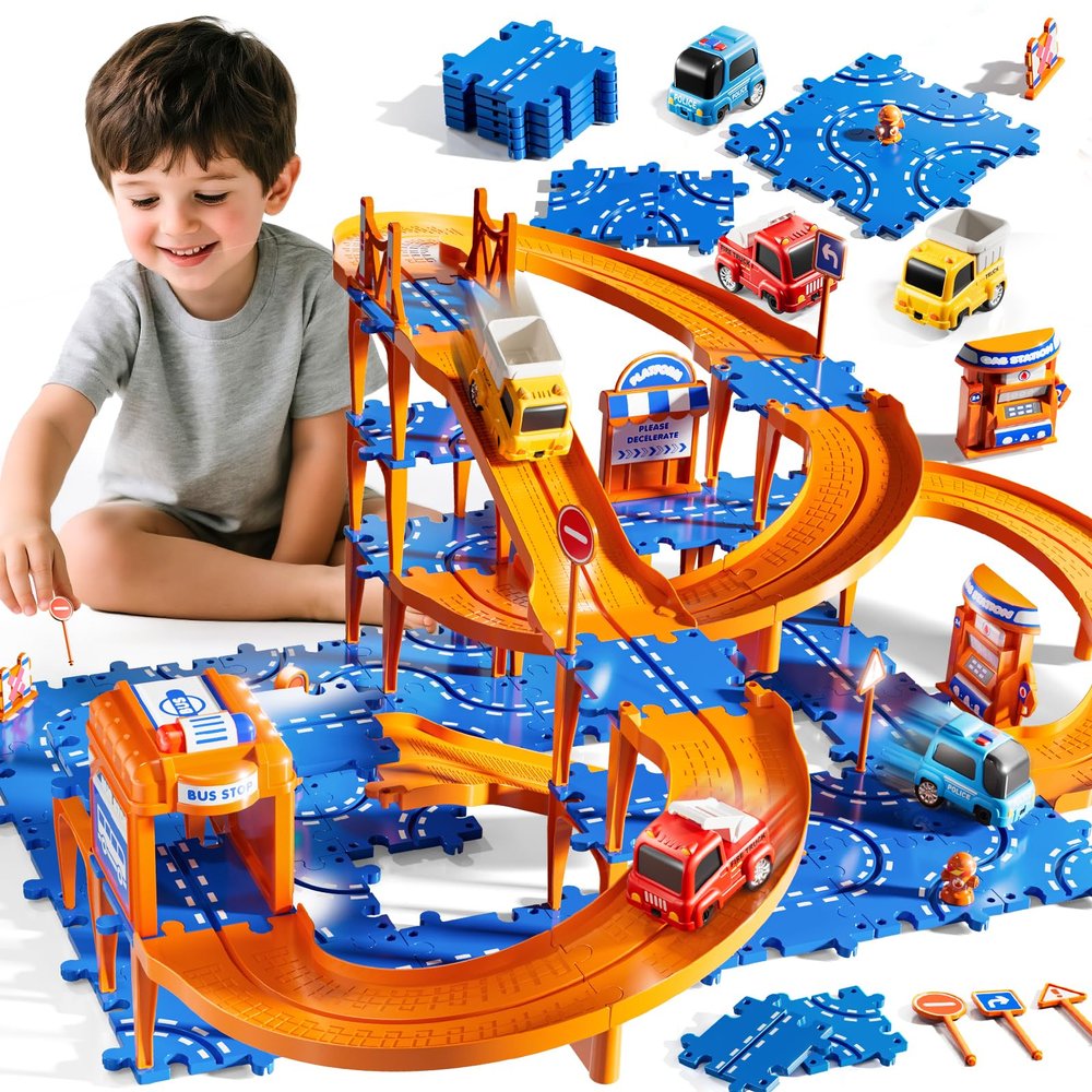 KIZONLY Puzzle Racer Kids Car Track Set, 4-Tier Race Tracks for Kids Ages 3-5 with 3 Cars, Traffic Parts, Trucks for Toddlers 2-4 Years, Floor Puzzle Tracks Car Gift for Boys Girls 3 4 5 Year Old