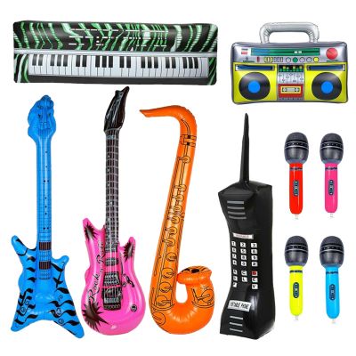 10pcs Inflatable Instruments Party Props Rock Star Toy Set Inflatable Saxophone Bass Rock Microphone Rock Electric Guitar Recorder Suitable for Various Music Parties(Retro Style)