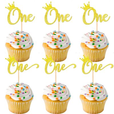 12 PCS Gold One Cupcake Toppers, Glitter 1st Birthday Party Cupcake Decoration Suitable for Baby Shower Boys Girls Birthday Parties Cupcake Decorations Supplies