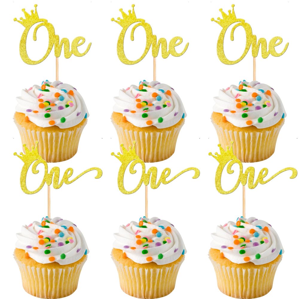 12 PCS Gold One Cupcake Toppers, Glitter 1st Birthday Party Cupcake Decoration Suitable for Baby Shower Boys Girls Birthday Parties Cupcake Decorations Supplies