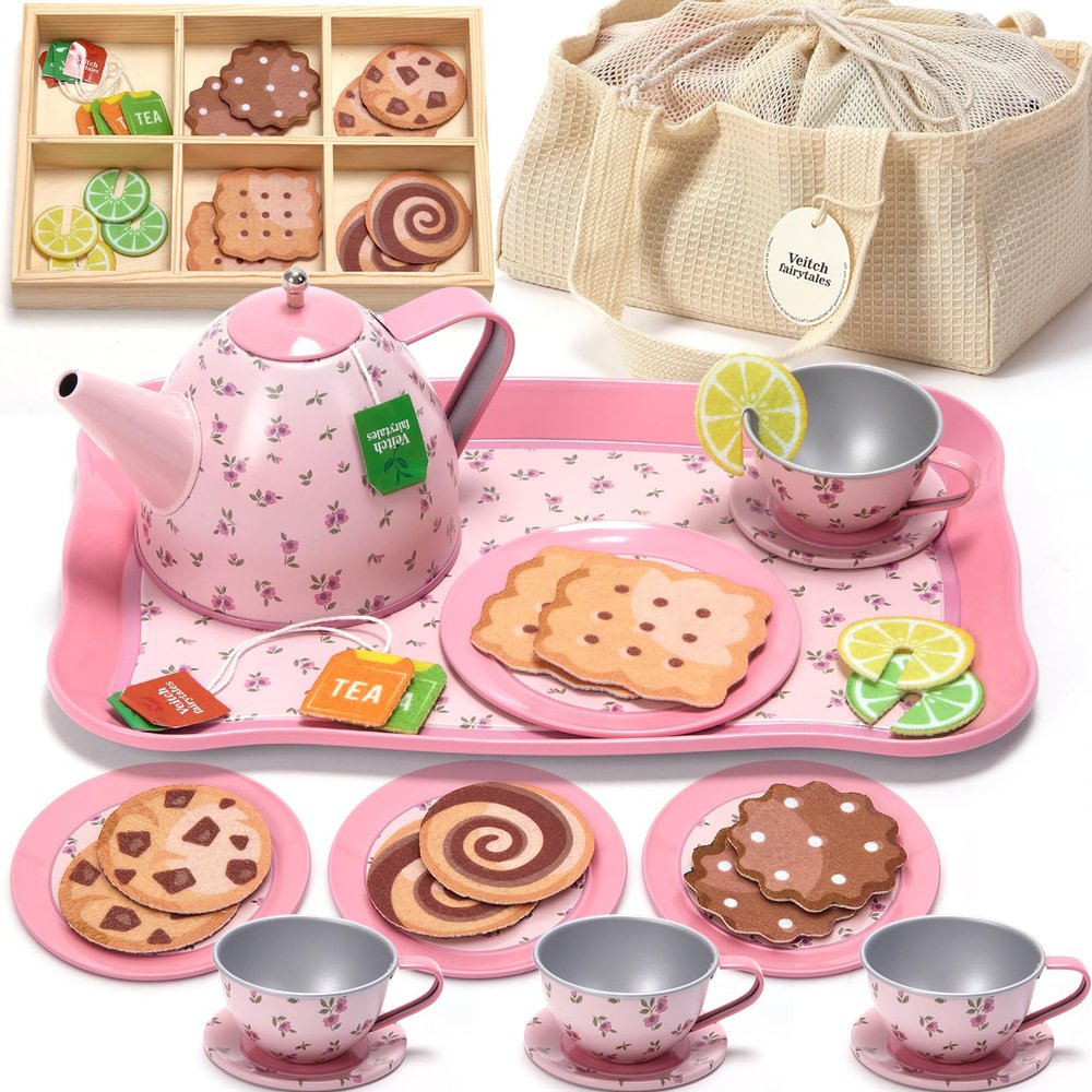 Veitch fairytales Kids Tea Party Set for Little Girl, Tea Sets for Toddler Pretend Play Food Kitchen Toy Accessories Gift for 3 4 5 6 Years Old Girls Boys (Pink)