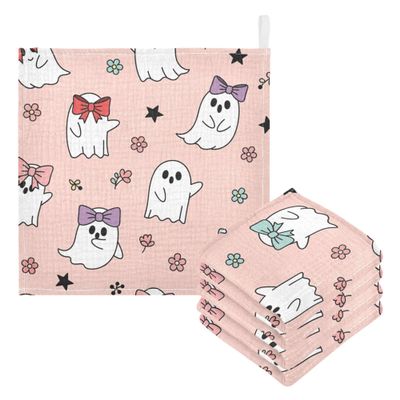 CUPADA 5 Pack Baby Washcloths Muslin Face Towels Cute Ghosts with Bows and Flower Absorbent Burp Wash Wipes Soft Towel for Newborn Infant