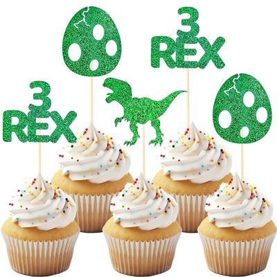 12 Pack Glitter Dinosaur Cupcake Toppers - Green 3 Rex Dinosaur Cupcake Picks for Dinosaur Themed Baby Showers and Three Year Birthday Party Cake Decorations.