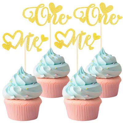 12 PCS Gold One Cupcake Toppers with Glitter Love Heart Cupcake Decoration for First Valentine's Day Baby Baptism Children 1st Birthday Party Cake Decorating Supplies