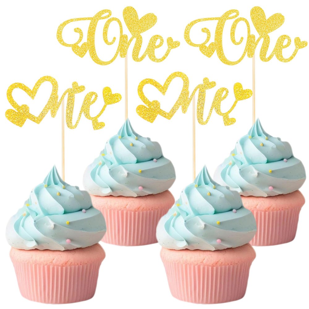 12 PCS Gold One Cupcake Toppers with Glitter Love Heart Cupcake Decoration for First Valentine's Day Baby Baptism Children 1st Birthday Party Cake Decorating Supplies