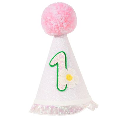 PQQIEE First Birthday Party Hat for Girl, White Glitter Cone with Pink Pom Pom, Daisy Design, 5.5x3.1 Inch, Boho Style (Gold-3)