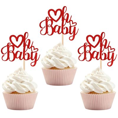12 PCS Oh Baby Cupcake Topper with Red Glitter Love Cupcake Decoration for Valentine's Day Baby Shower Kids Birthday Party Cake Decorating Supplies
