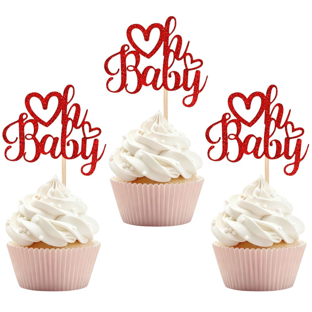 12 PCS Oh Baby Cupcake Topper with Red Glitter Love Cupcake Decoration for Valentine's Day Baby Shower Kids Birthday Party Cake Decorating Supplies