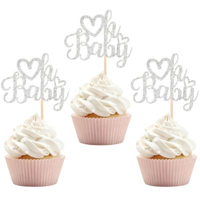 12 PCS Oh Baby Cupcake Topper with Silver Glitter Love Cupcake Decoration for Valentine's Day Baby Shower Kids Birthday Party Cake Decorating Supplies