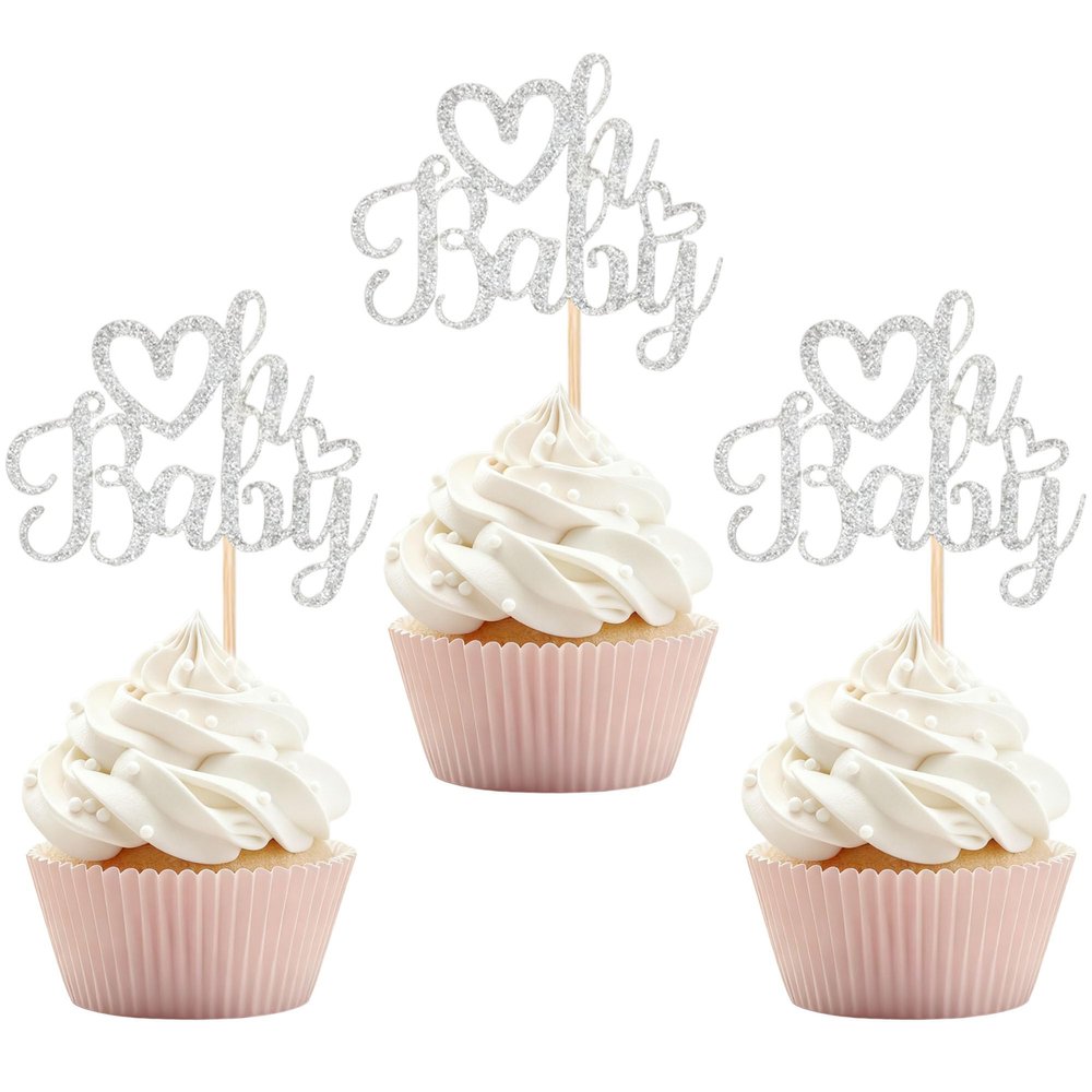 12 PCS Oh Baby Cupcake Topper with Silver Glitter Love Cupcake Decoration for Valentine's Day Baby Shower Kids Birthday Party Cake Decorating Supplies