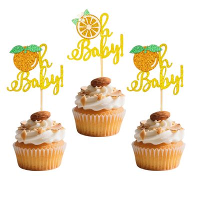 12 PCS Grapefruit Oh Baby Cupcake Toppers Gold Glitter Fruit Themed Cupcake Decorations Party for Baby Shower Boys Girls Birthday Parties Cupcake Decoration Supplies