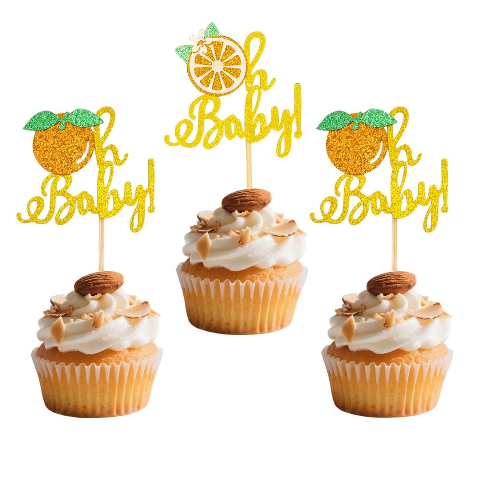 12 PCS Grapefruit Oh Baby Cupcake Toppers Gold Glitter Fruit Themed Cupcake Decorations Party for Baby Shower Boys Girls Birthday Parties Cupcake Decoration Supplies