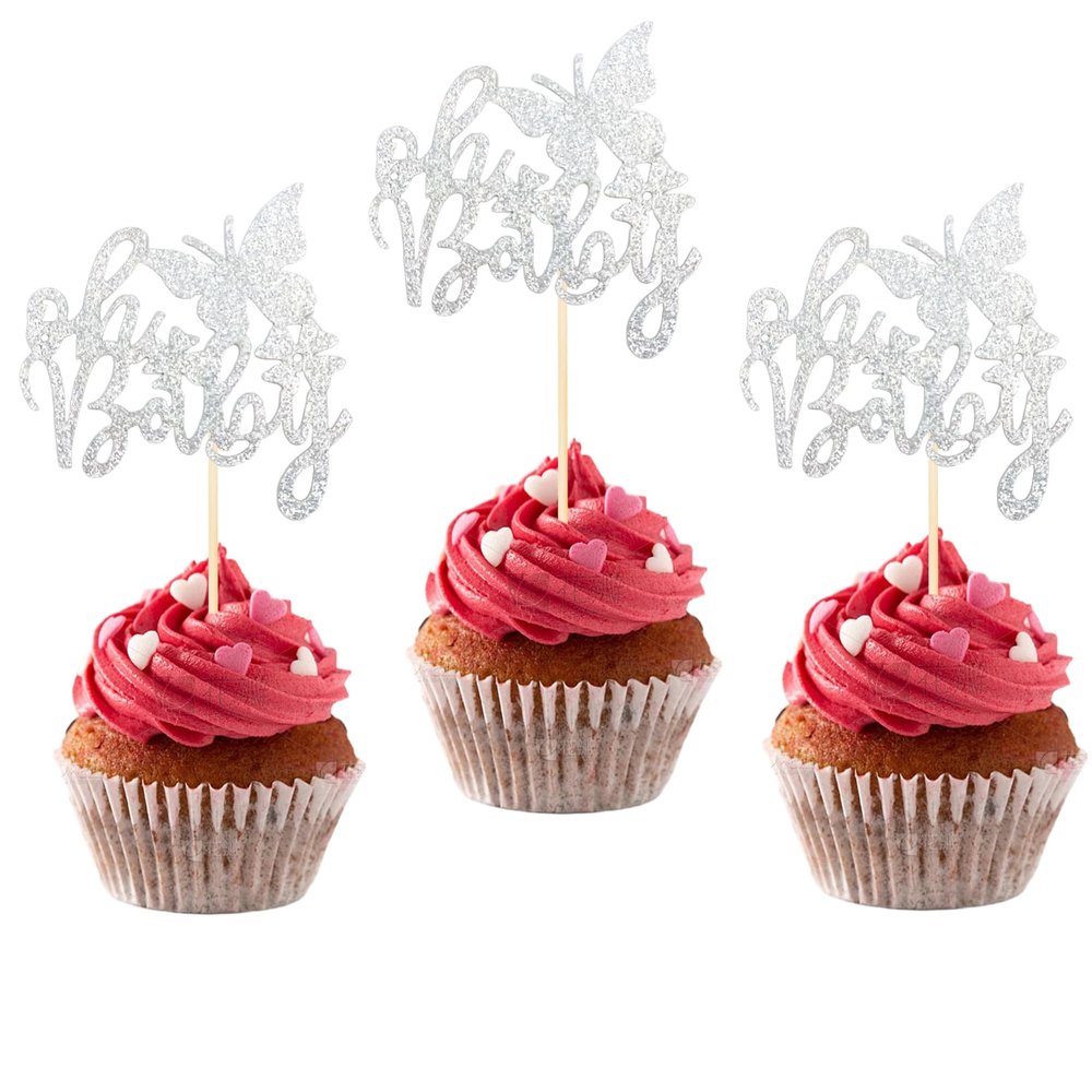 12 PCS Silver Butterfly Oh Baby Cupcake Toppers Butterfly Themed Birthday Party Cupcake Decoration for Baby Shower Kids Birthday Parties Cupcake Decorations Supplies
