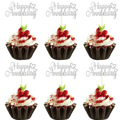 12 PCS Happy Anniversary Cupcake Toppers - Silver Glitter Anniversary Cupcake Picks for Wedding Anniversary Party Cake Decorations