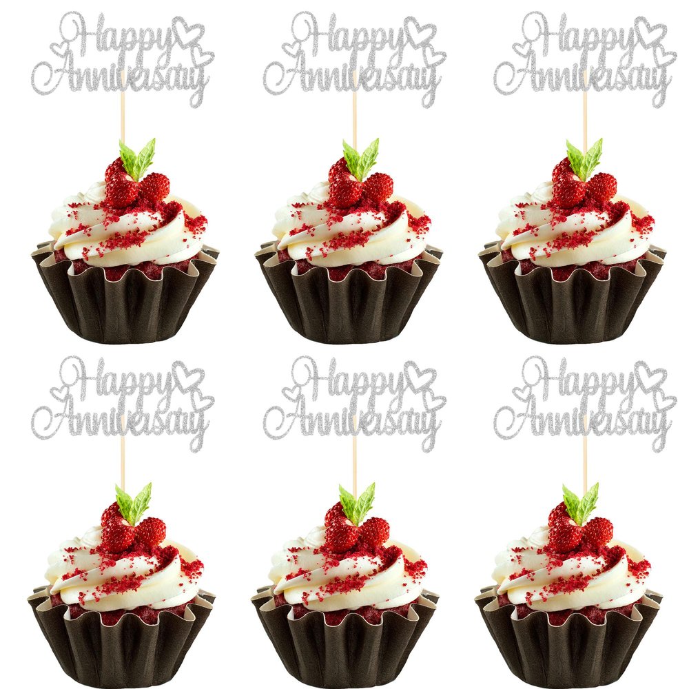 12 PCS Happy Anniversary Cupcake Toppers - Silver Glitter Anniversary Cupcake Picks for Wedding Anniversary Party Cake Decorations