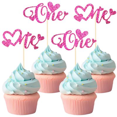 12 PCS Rose Red One Cupcake Toppers with Glitter Love Heart Cupcake Decoration for First Valentine's Day Baby Baptism Children 1st Birthday Party Cake Decorating Supplie