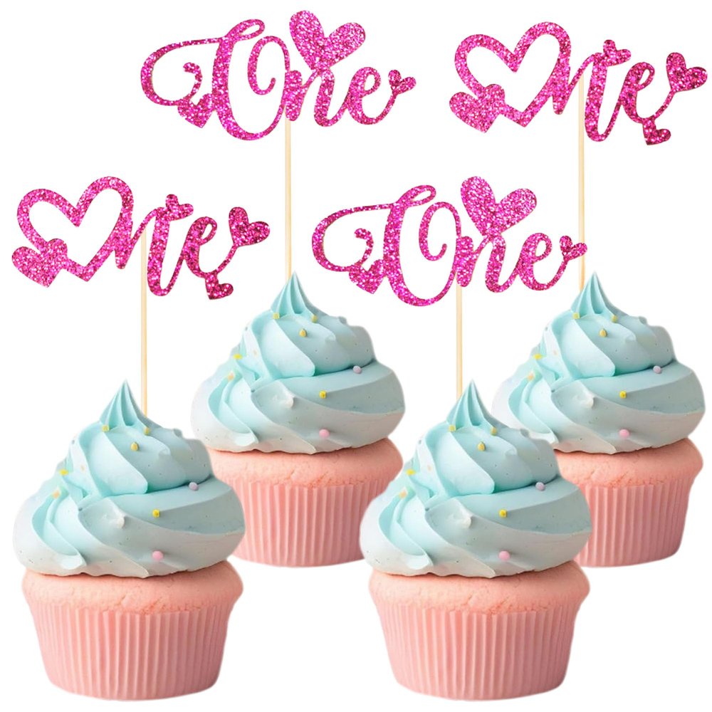 12 PCS Rose Red One Cupcake Toppers with Glitter Love Heart Cupcake Decoration for First Valentine's Day Baby Baptism Children 1st Birthday Party Cake Decorating Supplie