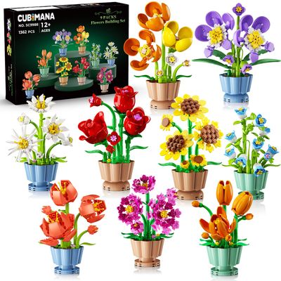 9 Pack Flowers Botanicals Collection 3.6MM Mini Building Set-1362PCS Flower Plants Building Block Toy, Valentines Artificial Flower Kits for Home Office Decor, Birthday Gifts for Adults Women Kids 12+