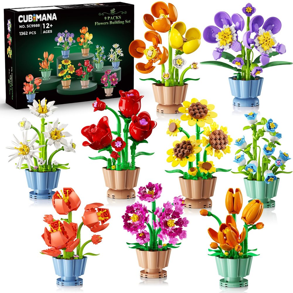 9 Pack Flowers Botanicals Collection 3.6MM Mini Building Set-1362PCS Flower Plants Building Block Toy, Valentines Artificial Flower Kits for Home Office Decor, Birthday Gifts for Adults Women Kids 12+
