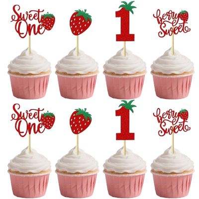 12 Pcs Red Glitter One Cake Topper Strawberry Cake Decoration for 1st Birthday Party Cupcake Decor Supplies