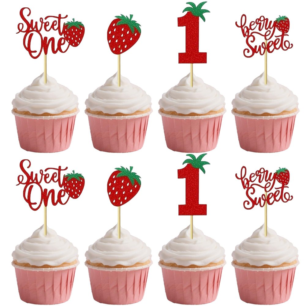 12 Pcs Red Glitter One Cake Topper Strawberry Cake Decoration for 1st Birthday Party Cupcake Decor Supplies