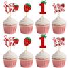 12 Pcs Red Glitter One Cake Topper Strawberry Cake Decoration for 1st Birthday Party Cupcake Decor Supplies view 1