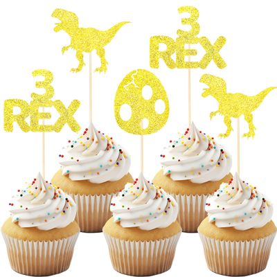 12 Pack Glitter Dinosaur Cupcake Toppers - Gold 3 Rex Dinosaur Cupcake Picks for Dinosaur Themed Baby Showers and Three Year Birthday Party Cake Decorations.