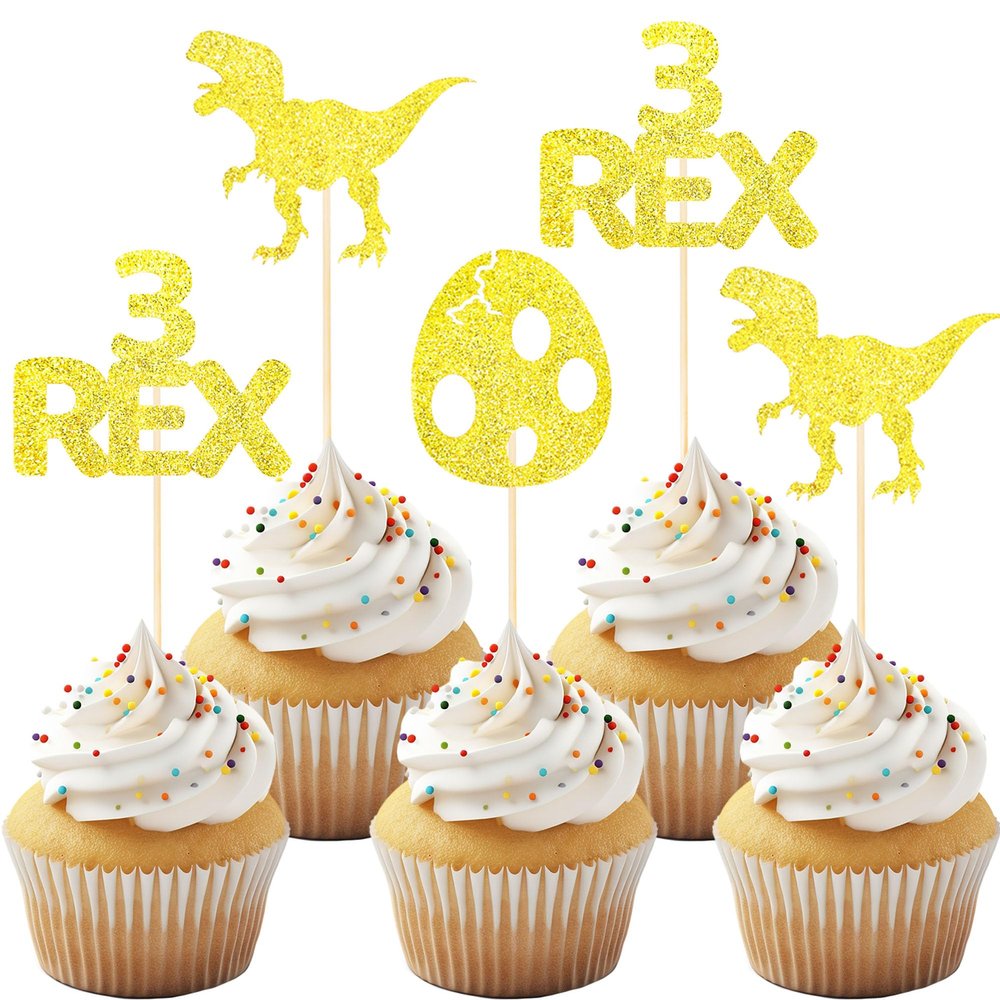 12 Pack Glitter Dinosaur Cupcake Toppers - Gold 3 Rex Dinosaur Cupcake Picks for Dinosaur Themed Baby Showers and Three Year Birthday Party Cake Decorations.