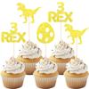 12 Pack Glitter Dinosaur Cupcake Toppers - Gold 3 Rex Dinosaur Cupcake Picks for Dinosaur Themed Baby Showers and Three Year Birthday Party Cake Decorations. view 1