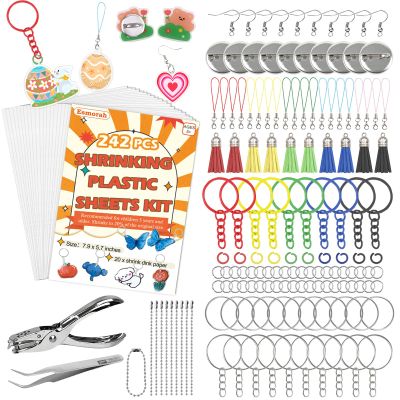 242PCS Shrink Dink Sheets Keychain Kit, with 20 Sheets 7.9"x5.7" Shrink Art Paper with Ear Hooks, Brooches Ideal for Kids & Adults DIY Crafts, Back-to-School, Valentine's Day, Easter Ornaments & Gift